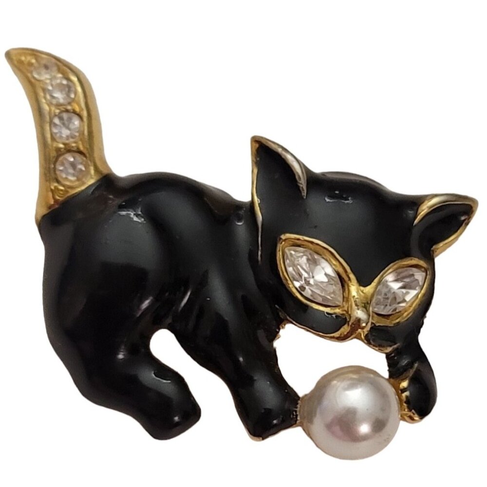 Black Enamel Cat Clear Rhinestone Faux Pearl Brooch Pin E743